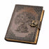 Buddha Tree of Life embossed leather journal with latch closure showing detailed leather cover with Buddhist and nature symbolism for spiritual journaling