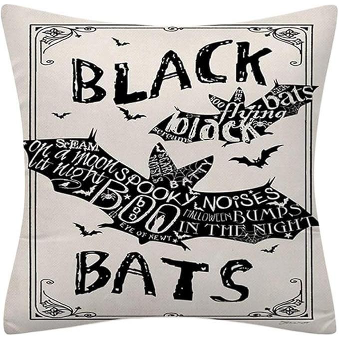 Witchy Words Throw Pillow Cover – Halloween Cat, Black Bats, Scary Witch – 18"x18" Cotton Linen (Insert Not Included)