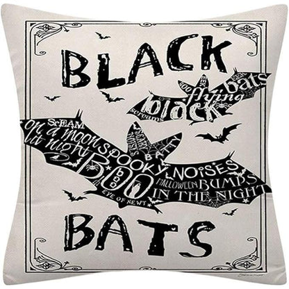 Witchy Words Throw Pillow Cover – Halloween Cat, Black Bats, Scary Witch – 18"x18" Cotton Linen (Insert Not Included)