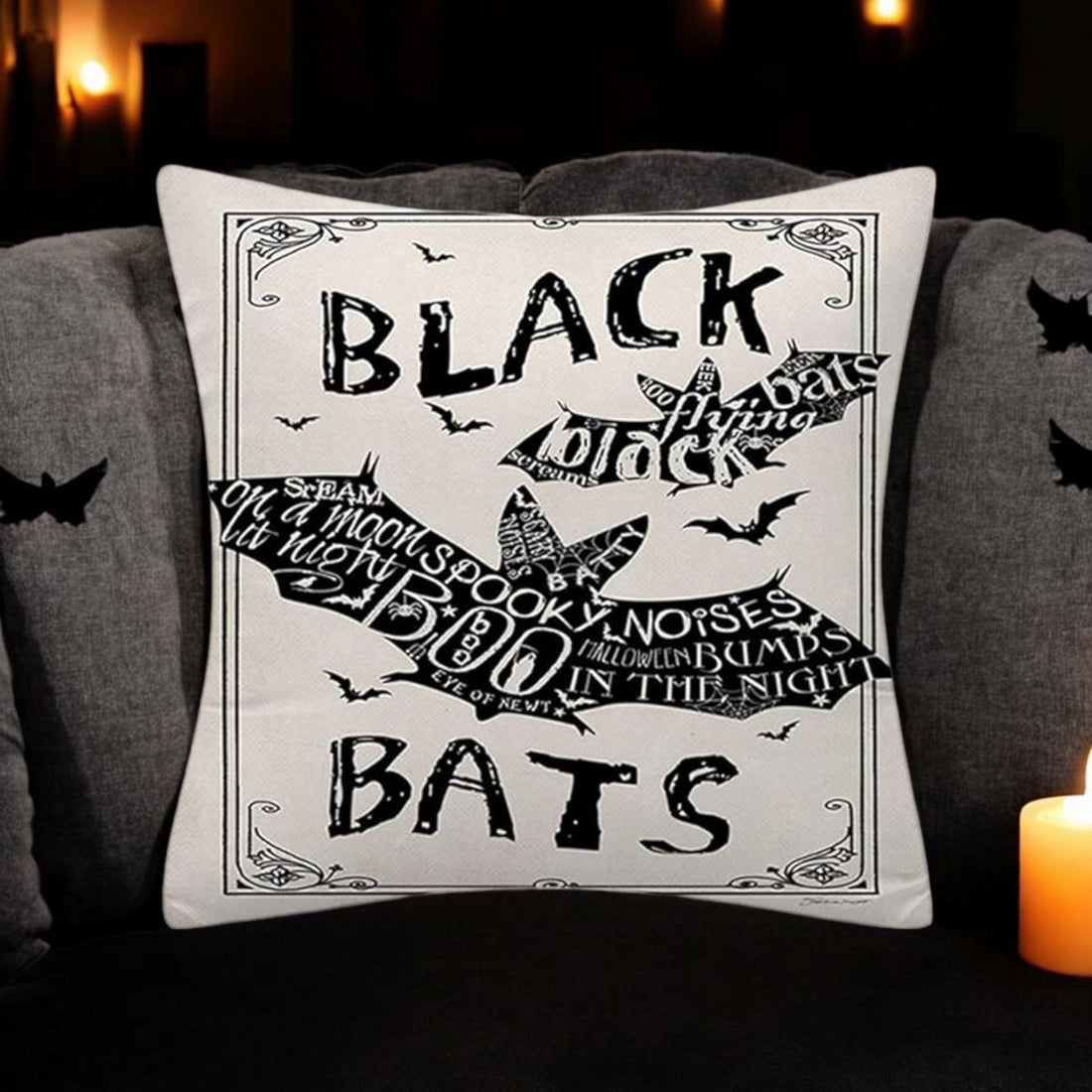 Witchy Words Throw Pillow Cover – Halloween Cat, Black Bats, Scary Witch – 18"x18" Cotton Linen (Insert Not Included)