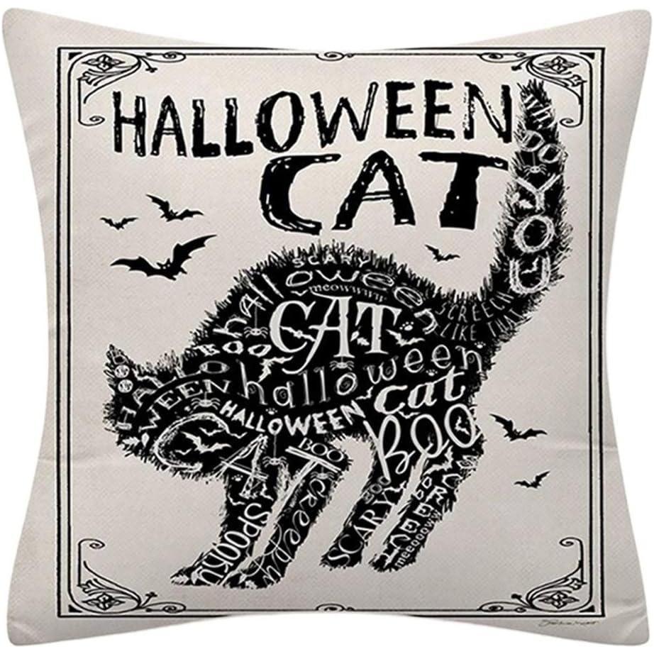 Witchy Words Throw Pillow Cover – Halloween Cat, Black Bats, Scary Witch – 18"x18" Cotton Linen (Insert Not Included)