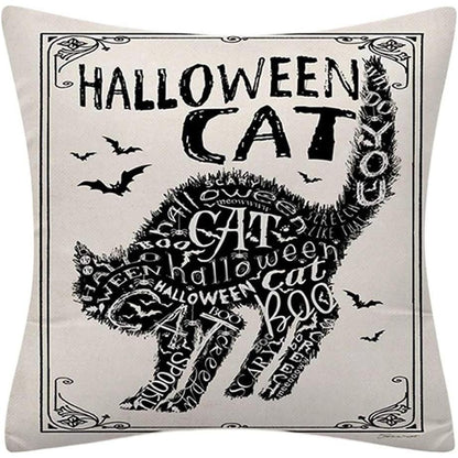 Witchy Words Throw Pillow Cover – Halloween Cat, Black Bats, Scary Witch – 18"x18" Cotton Linen (Insert Not Included)