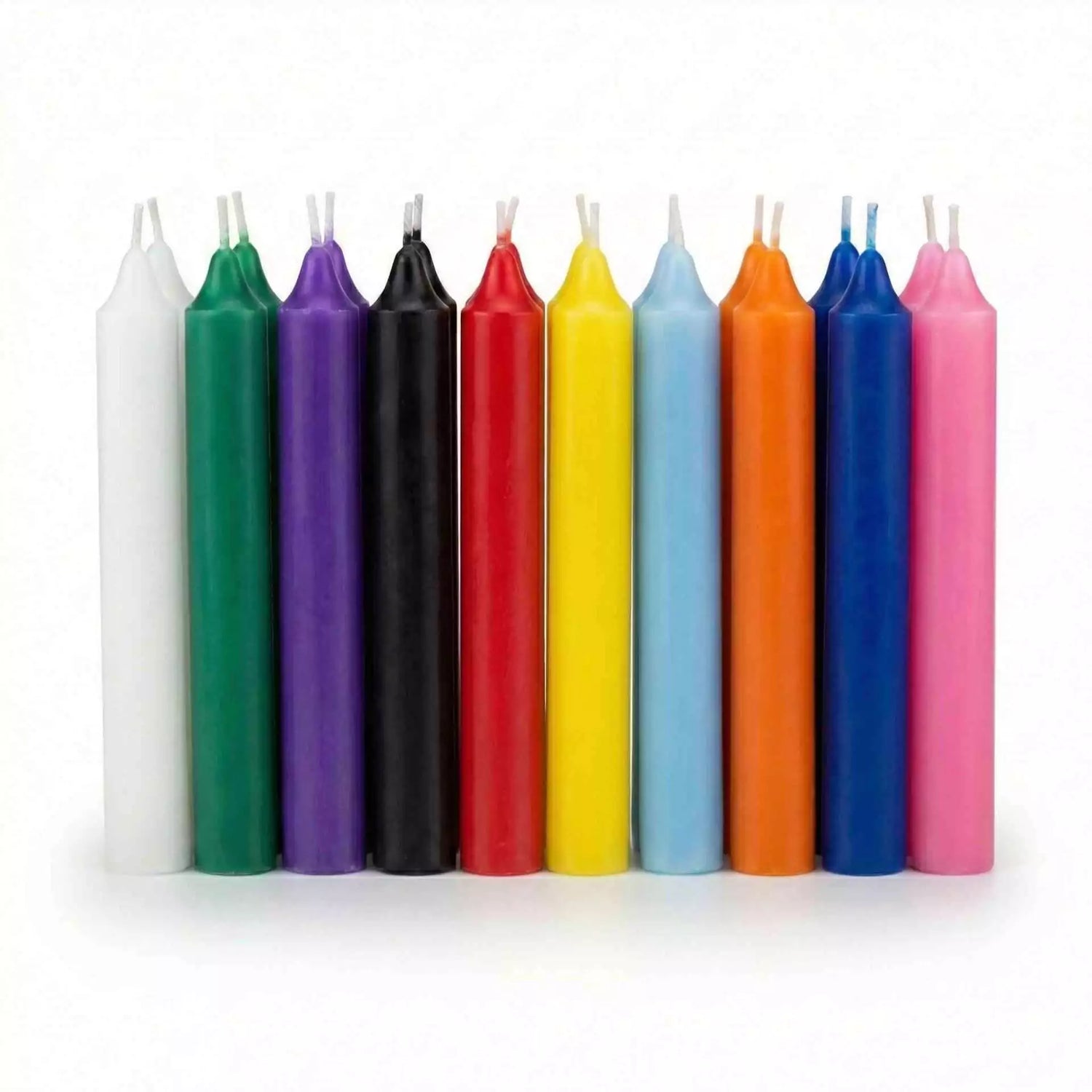 Row of ten assorted chime spell candles in white, green, purple, black, red, yellow, blue, orange, and pink — 1/2-inch diameter spell candles for ritual work.