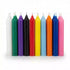 Row of ten assorted chime spell candles in white, green, purple, black, red, yellow, blue, orange, and pink — 1/2-inch diameter spell candles for ritual work.