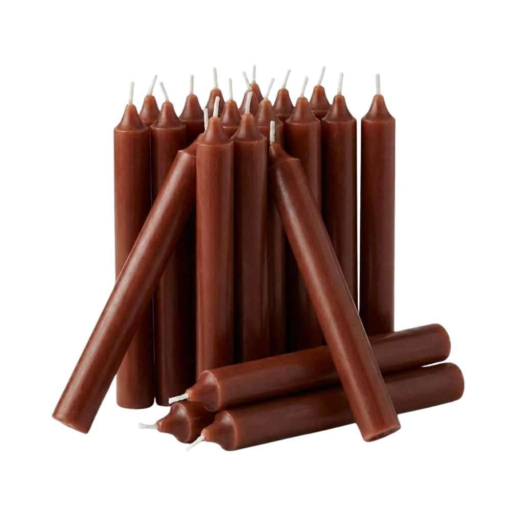 Brown chime candles 20 pack for grounding ritual work, showing small 1/2 inch diameter brown spell candles bundled together