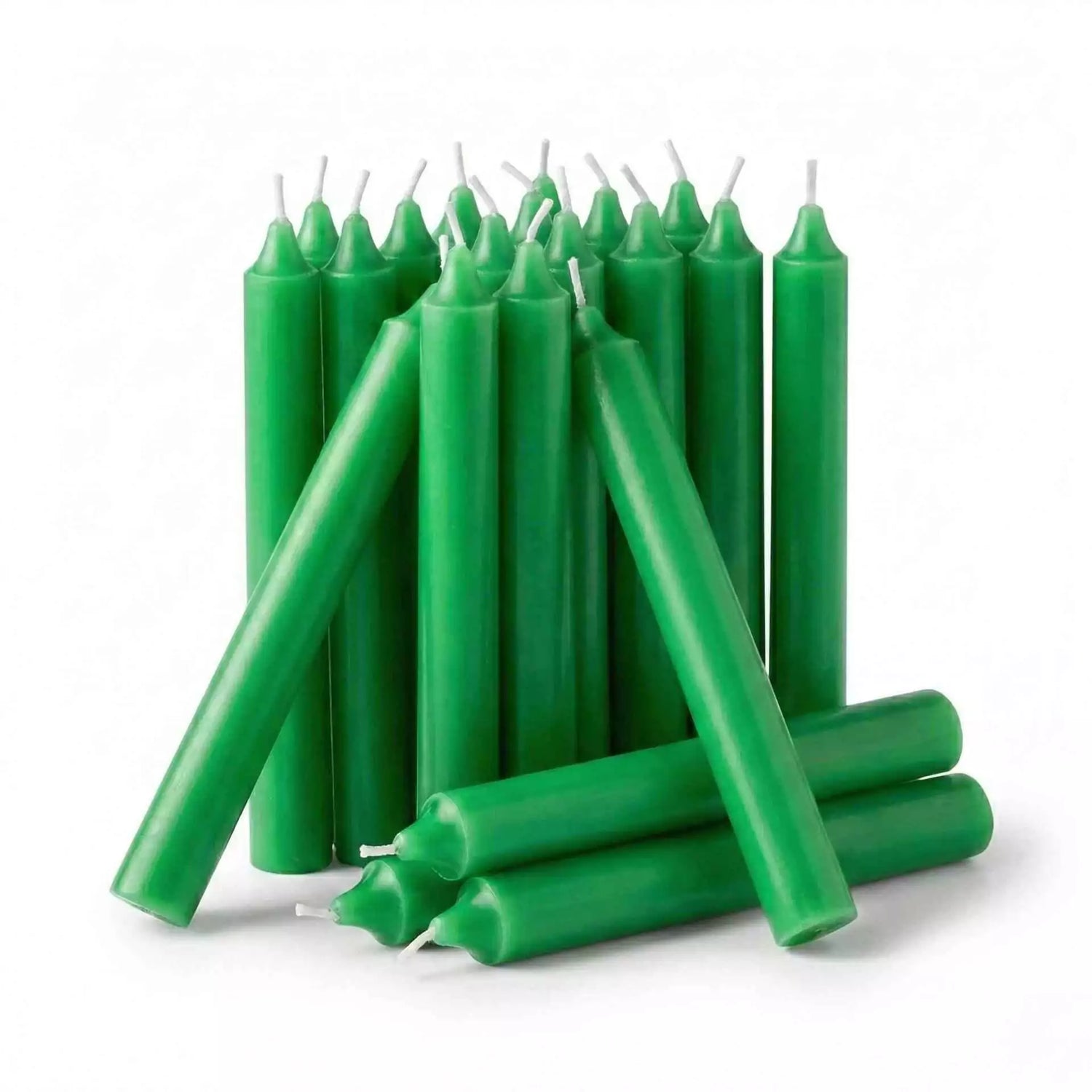 Pile of 20 emerald green chime candles in 1/2-inch standard size for prosperity and earth-element ritual candle magic