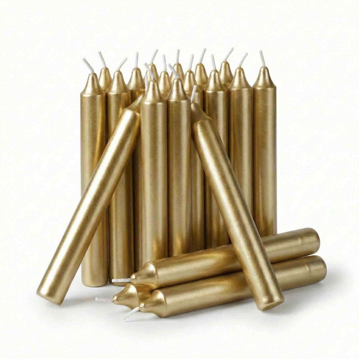 Pack of twenty metallic gold 1/2-inch chime spell candles for solar rituals wealth manifestation success magic and Litha Sun ceremony candle work