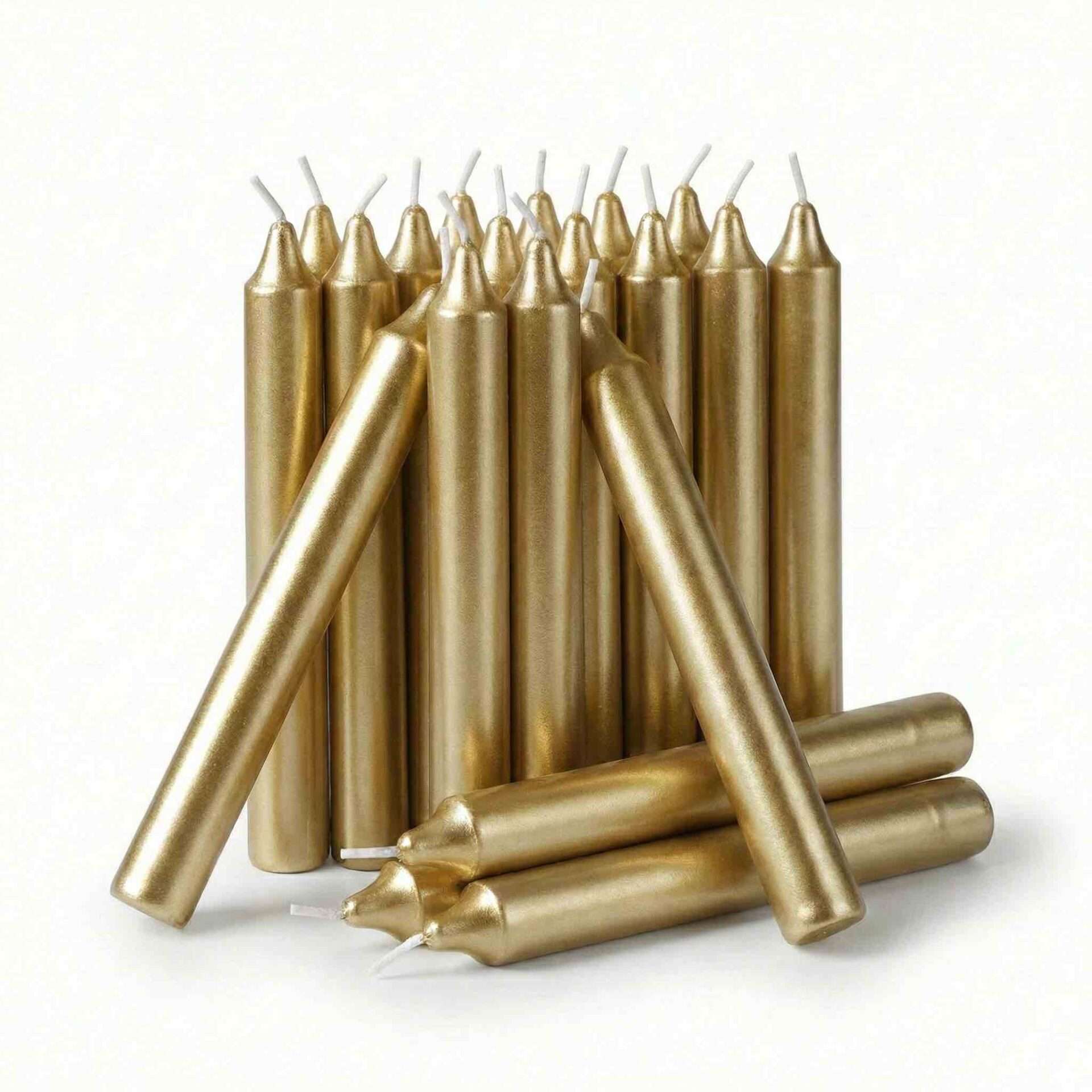 Pack of twenty metallic gold 1/2-inch chime spell candles for solar rituals wealth manifestation success magic and Litha Sun ceremony candle work