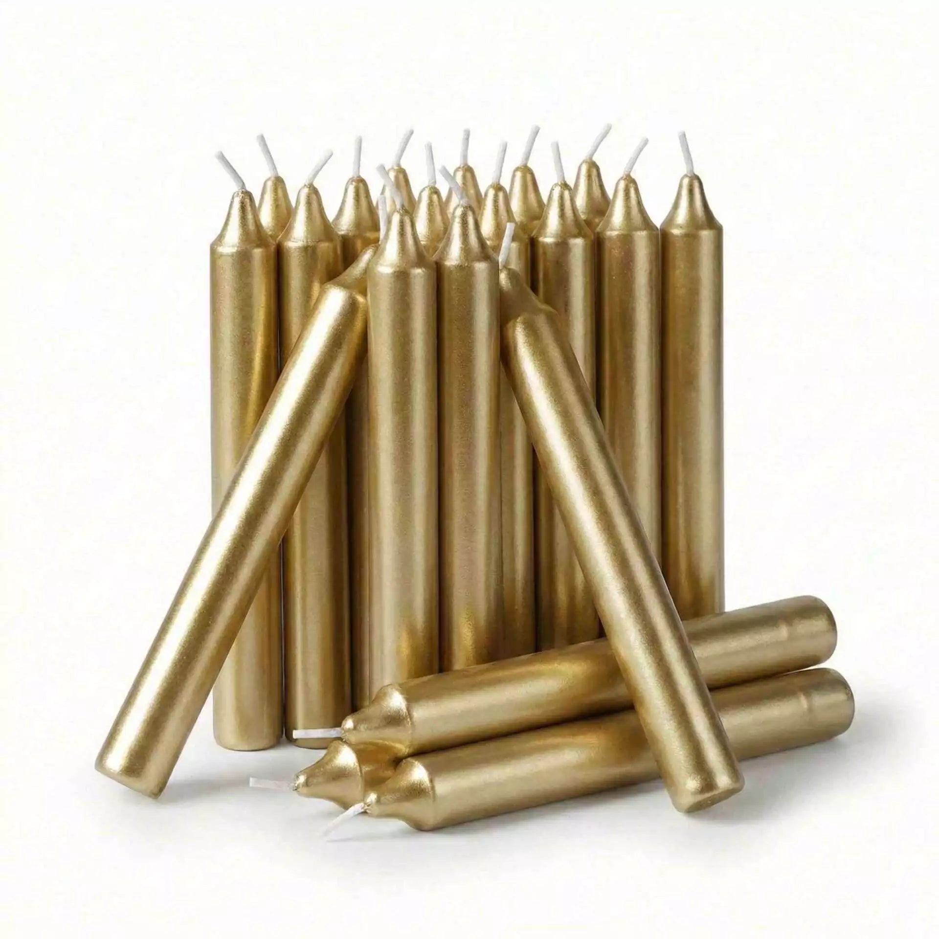 Pack of twenty metallic gold 1/2-inch chime spell candles for solar rituals wealth manifestation success magic and Litha Sun ceremony candle work