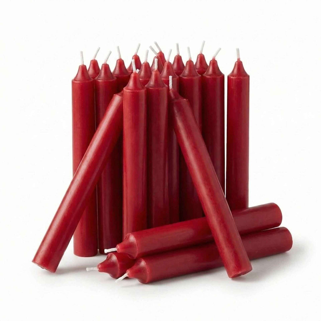 Bundle of 20 red chime candles in classic 1/2-inch diameter size arranged in a cluster for ritual and spell use