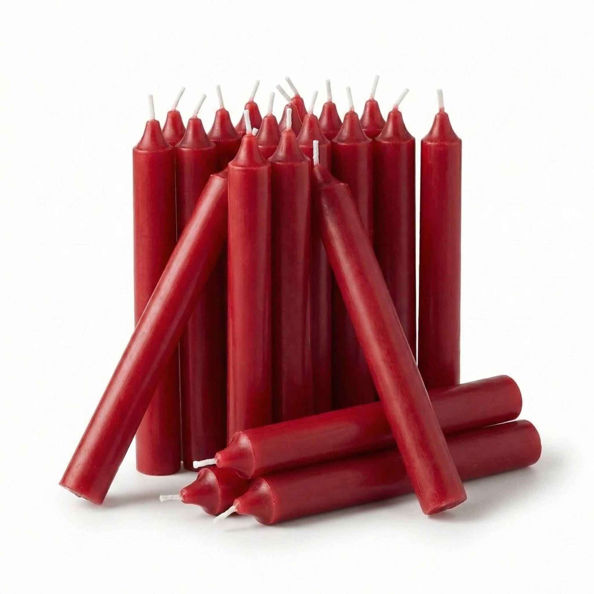 Bundle of 20 red chime candles in classic 1/2-inch diameter size arranged in a cluster for ritual and spell use