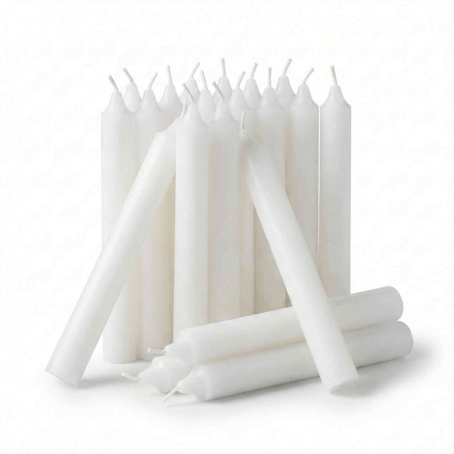 Pack of 20 white half-inch chime candles in a bundle — all-purpose ritual taper candles for altar and spellwork use.