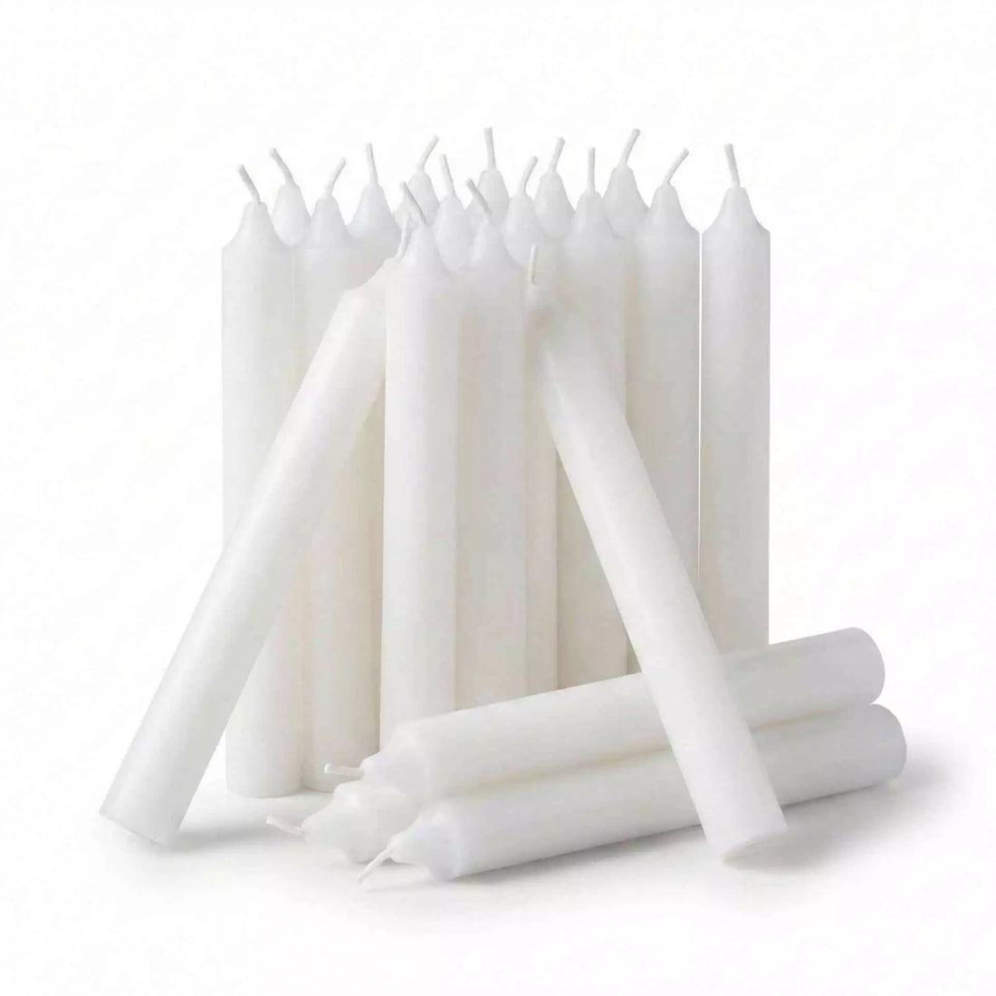 Pack of 20 white half-inch chime candles in a bundle — all-purpose ritual taper candles for altar and spellwork use.