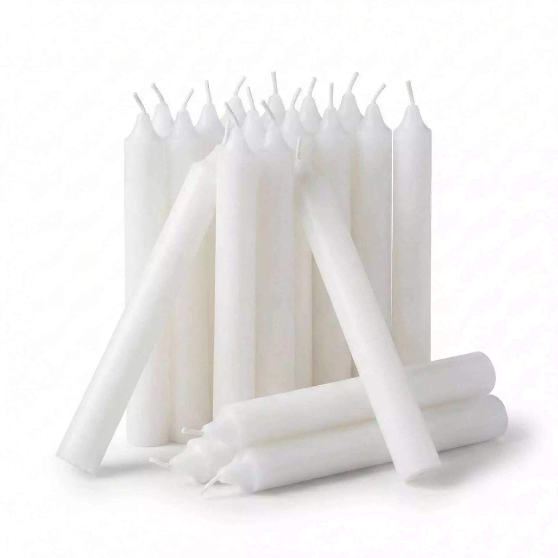 Pack of 20 white half-inch chime candles in a bundle — all-purpose ritual taper candles for altar and spellwork use.