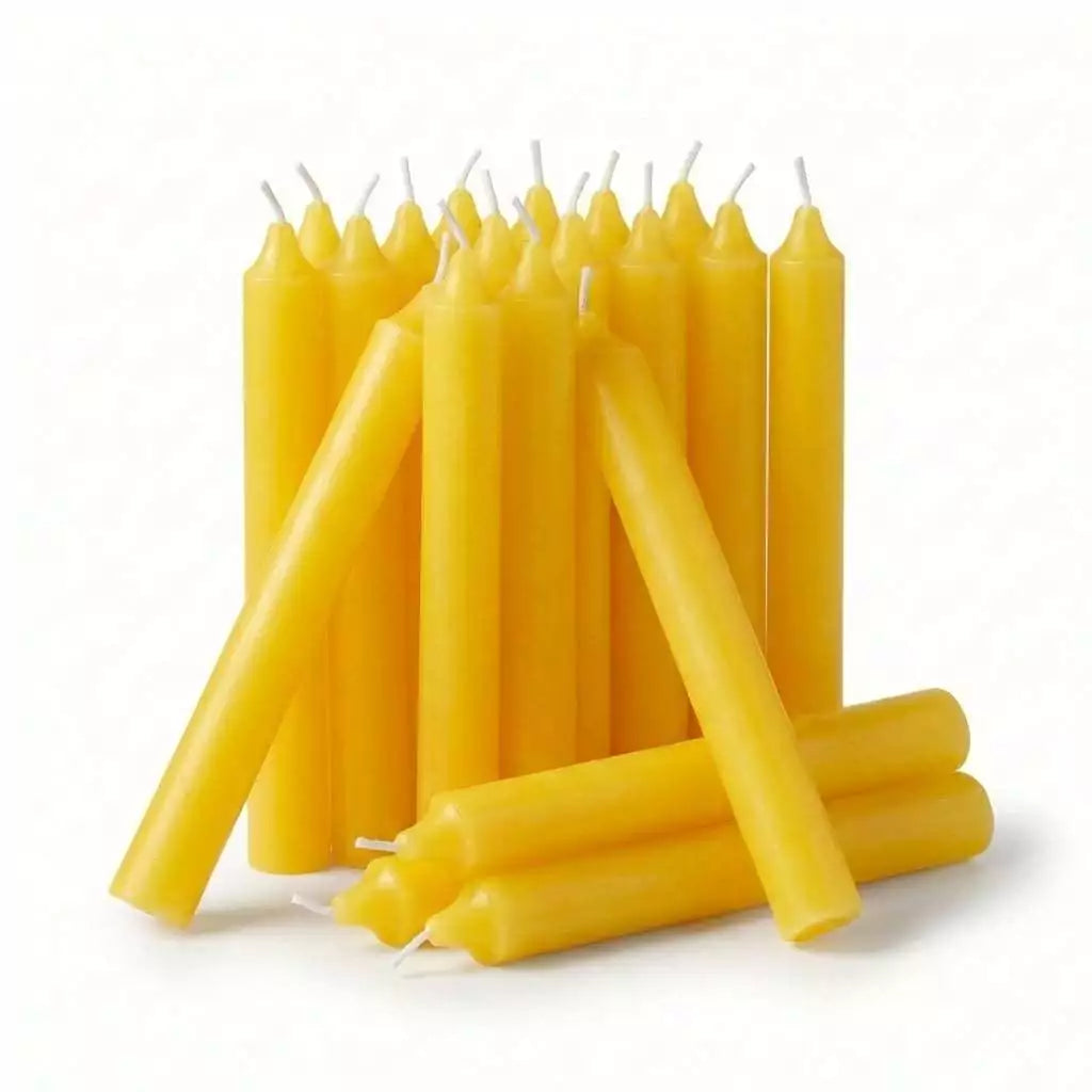 Yellow chime candles 20-pack — bundle of small yellow ritual chime candles for solar magic, clarity, and communication spell work.