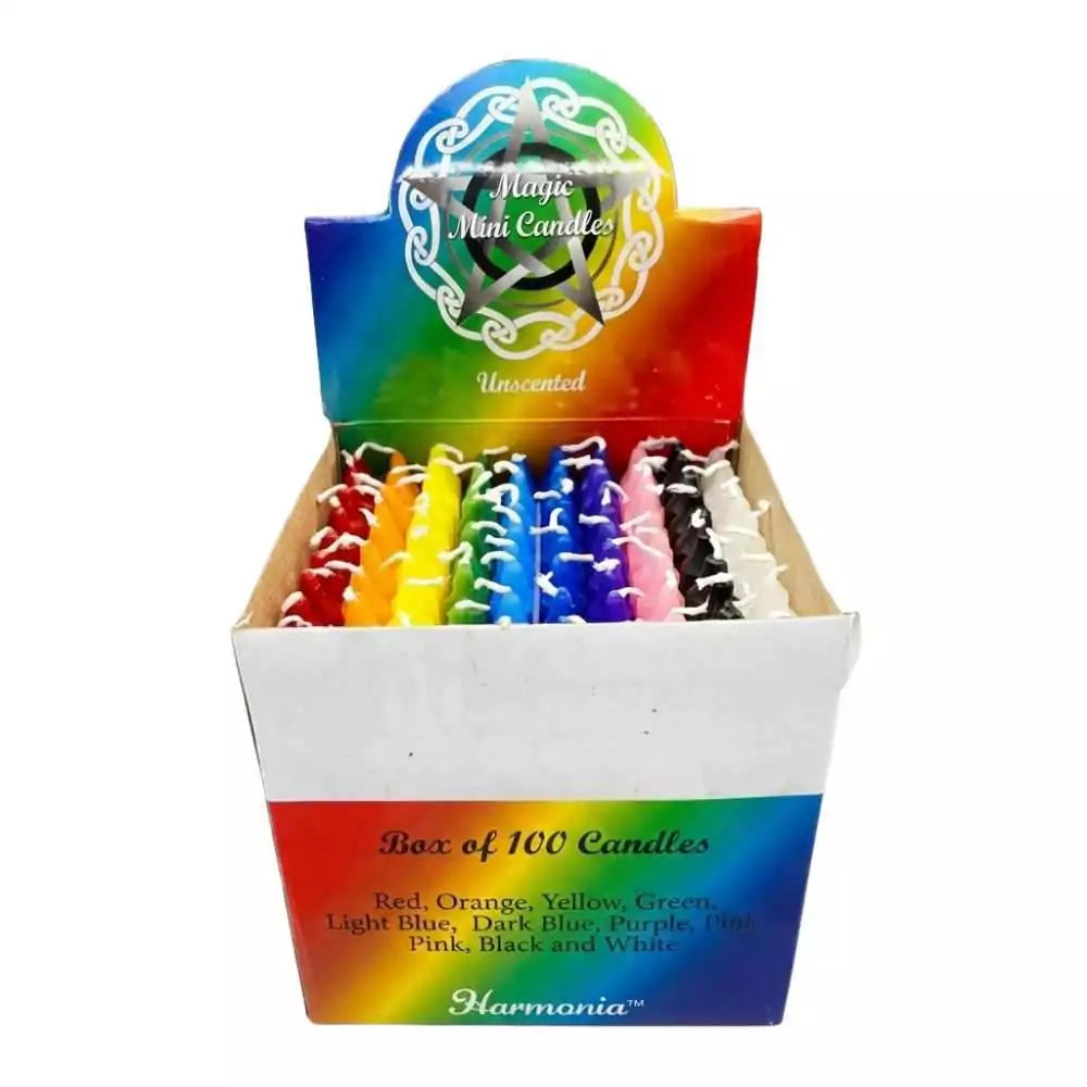 Box of 100 multicolored chime candles arranged in neat rows, with colorful rainbow design visible on the package exterior.