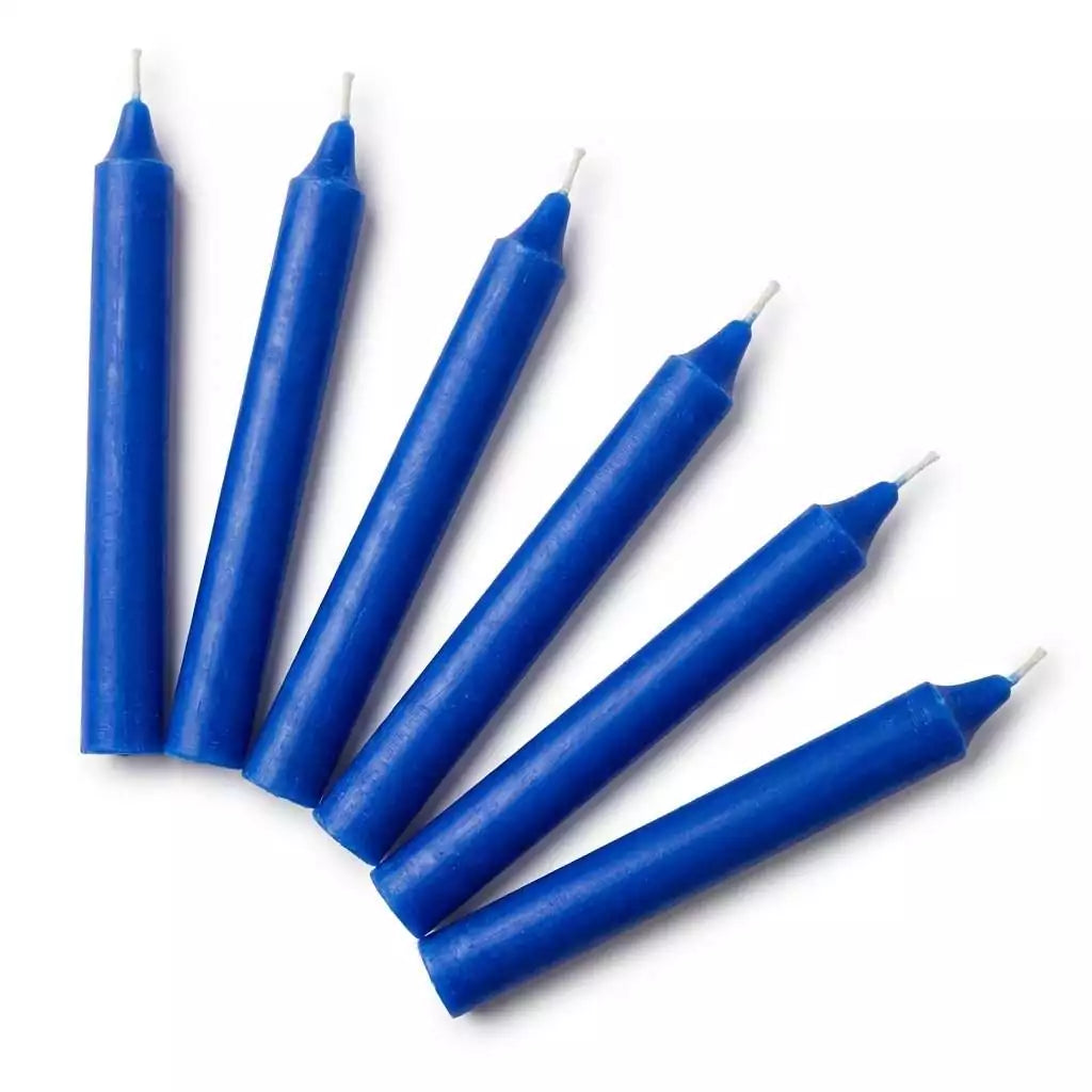 Six blue tapered household candles arranged in a row, set of 6 blue ritual candles for communication, peace, and throat chakra ceremony use