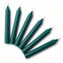 Six green tapered household candles arranged in a row with pointed tips, set of 6 prosperity and abundance ritual candles for money spell work