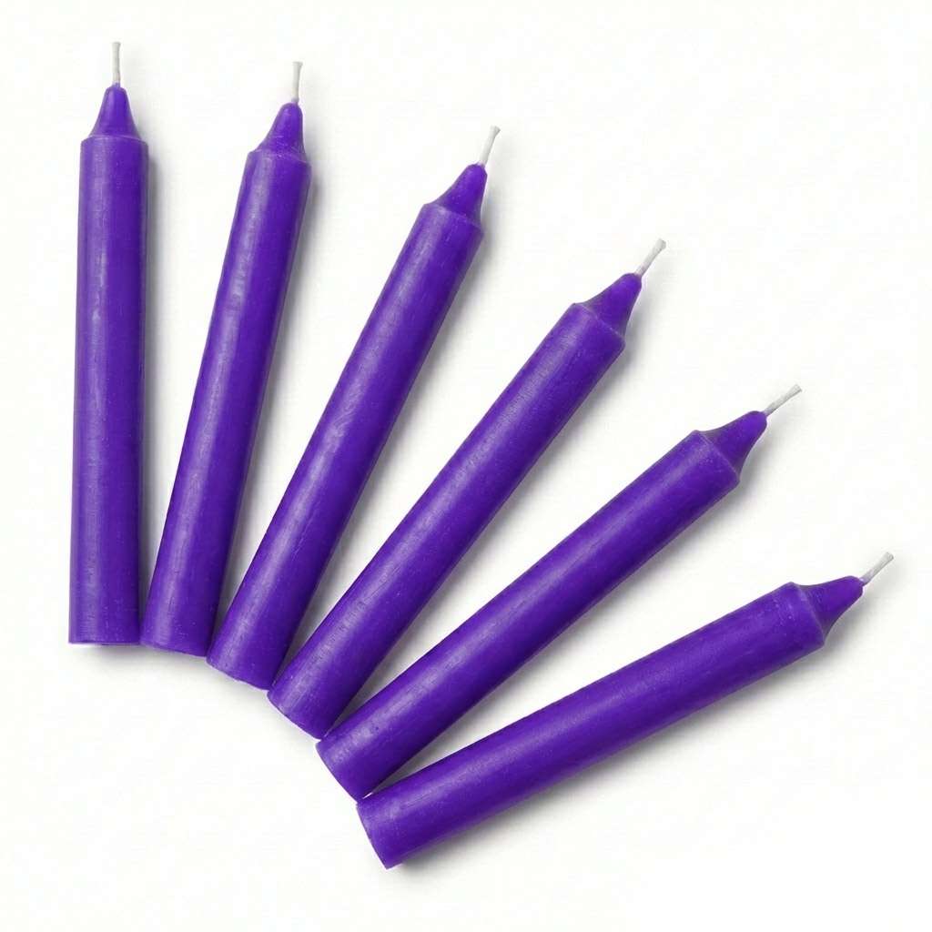 Set of 6 purple 6-inch household taper candles showing rich purple coloring for psychic development and divination ritual work