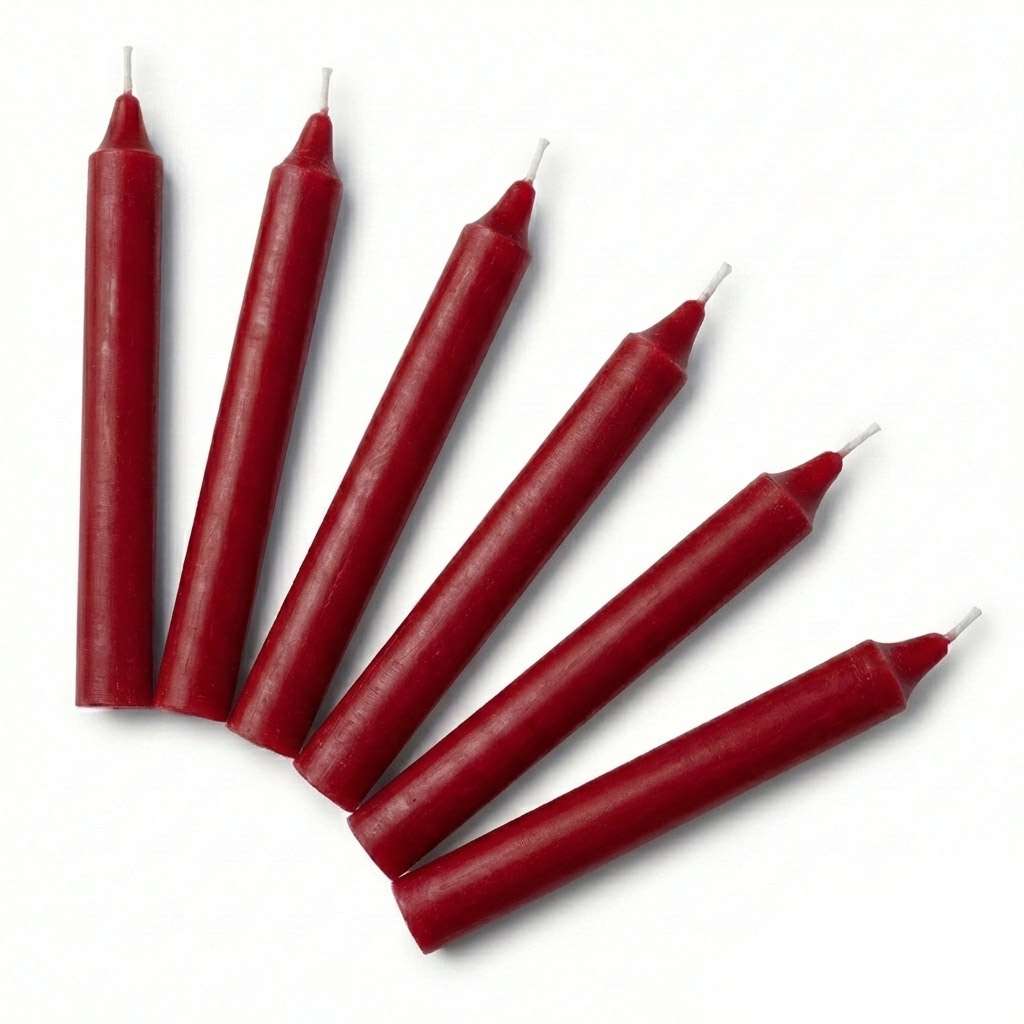 Set of 6 red 6-inch household taper candles showing vibrant red coloring for love and passion ritual spellwork and candle magic