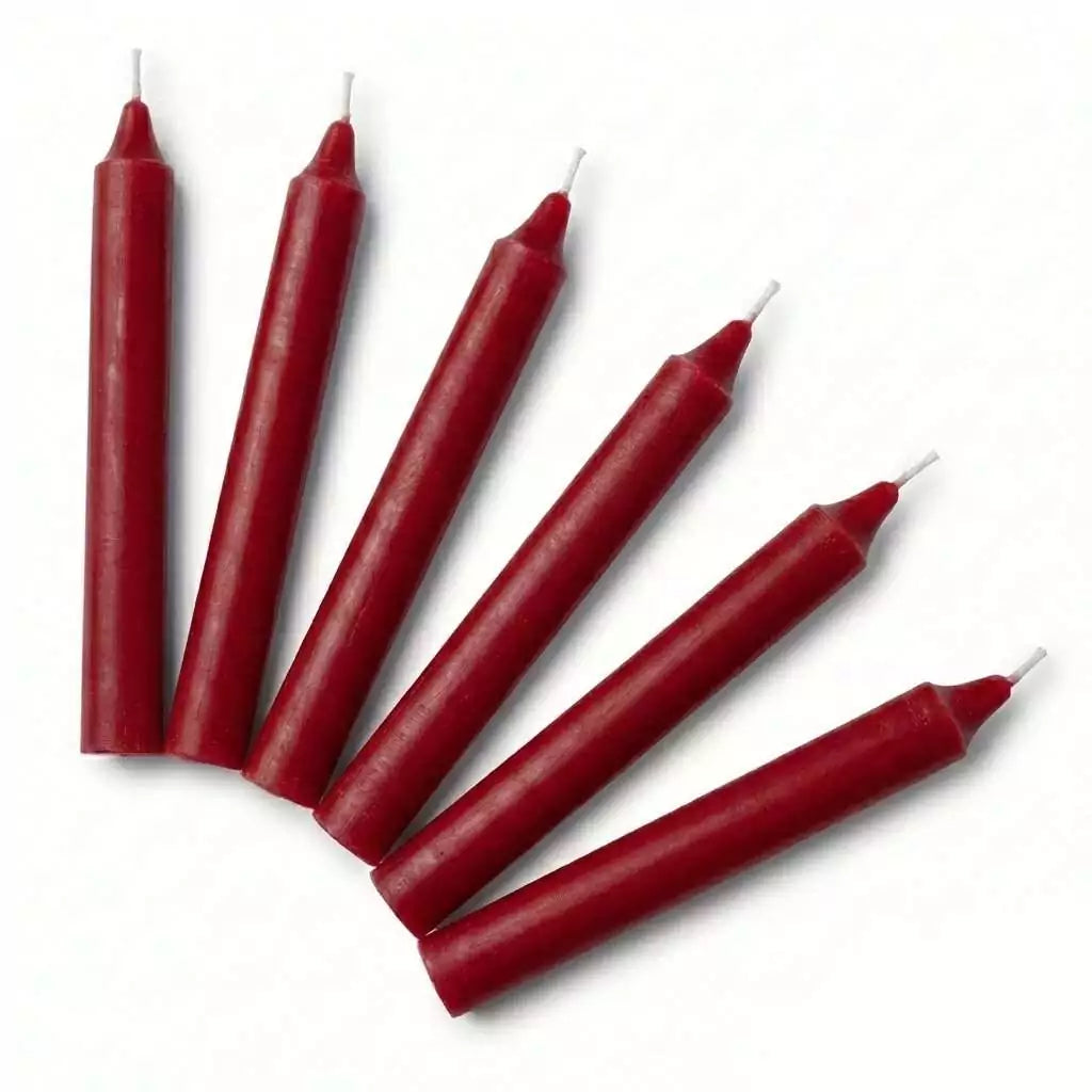 Set of 6 red 6-inch household taper candles showing vibrant red coloring for love and passion ritual spellwork and candle magic