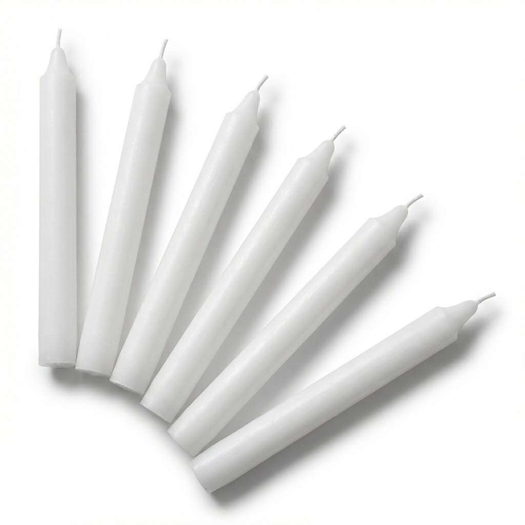 Six white tapered household candles arranged in a row with pointed ends, set of 6 versatile white ritual candles for altar and spiritual ceremony use