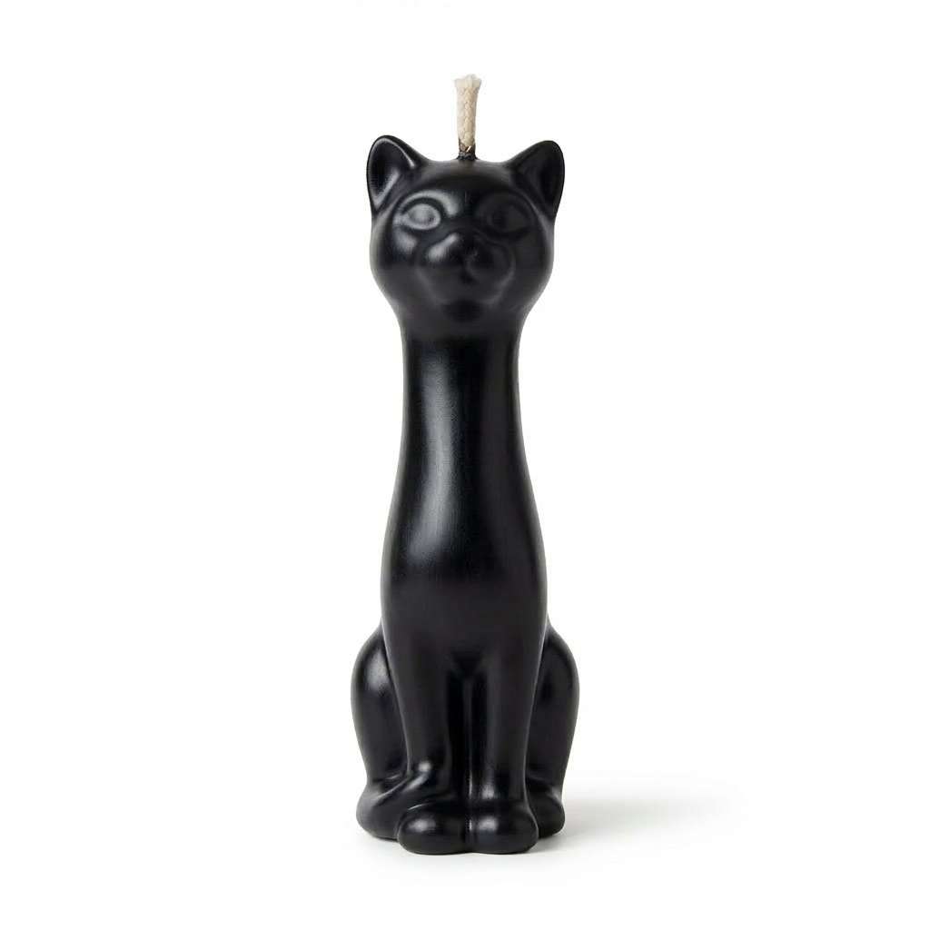 5.5-inch black wax candle sculpted as a sitting cat with a smooth finish and a wick at the top of the head for banishing and hex-breaking ritual burning.