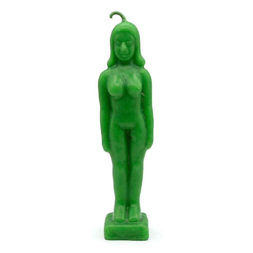 Green wax standing female figure candle representing the earth goddess for abundance fertility and growth ritual workings