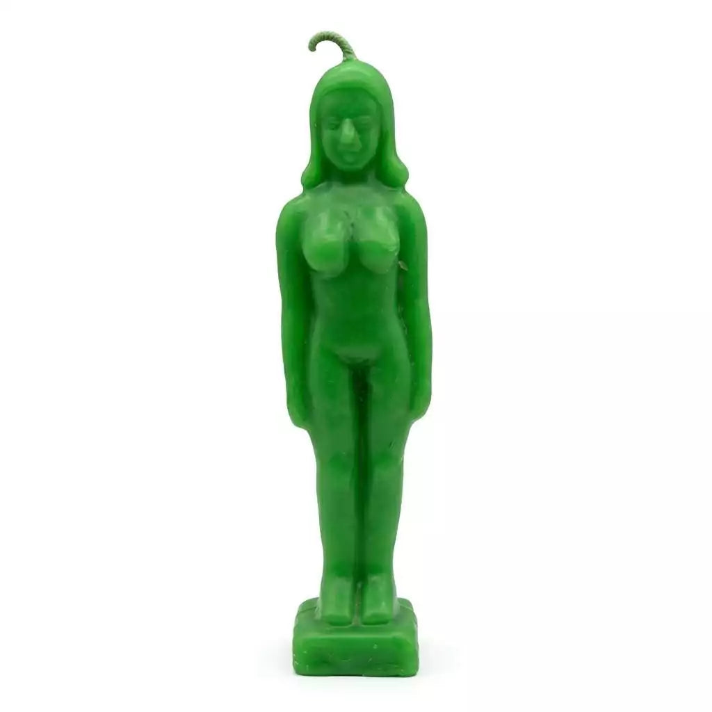 Green wax standing female figure candle representing the earth goddess for abundance fertility and growth ritual workings