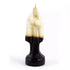 10-inch Santa Muerte figure candle with white wax at the top transitioning to black at the base, shaped as a robed Holy Death figure with a wick at the crown.