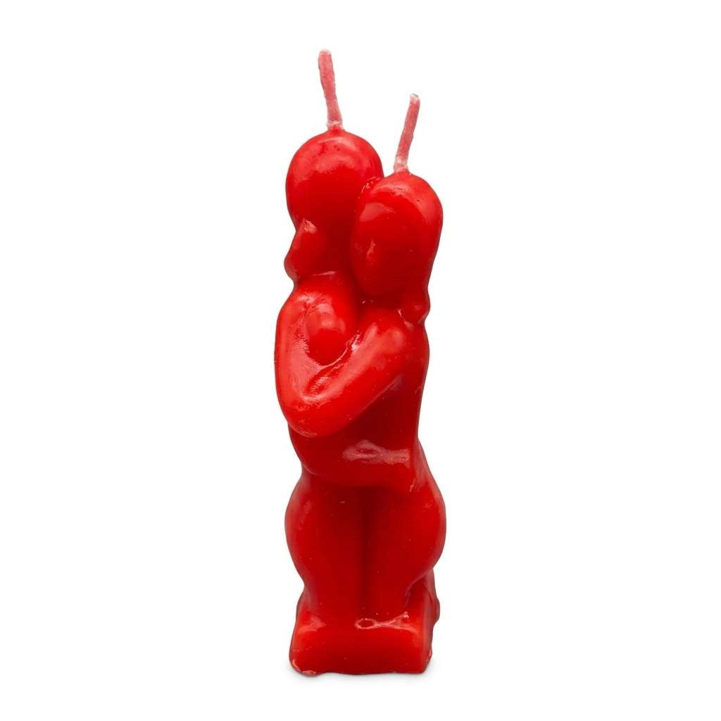 Red Lovers figure candle 5 inch showing two entwined couple figures in deep red wax — hoodoo love-drawing and romantic union ritual candle.