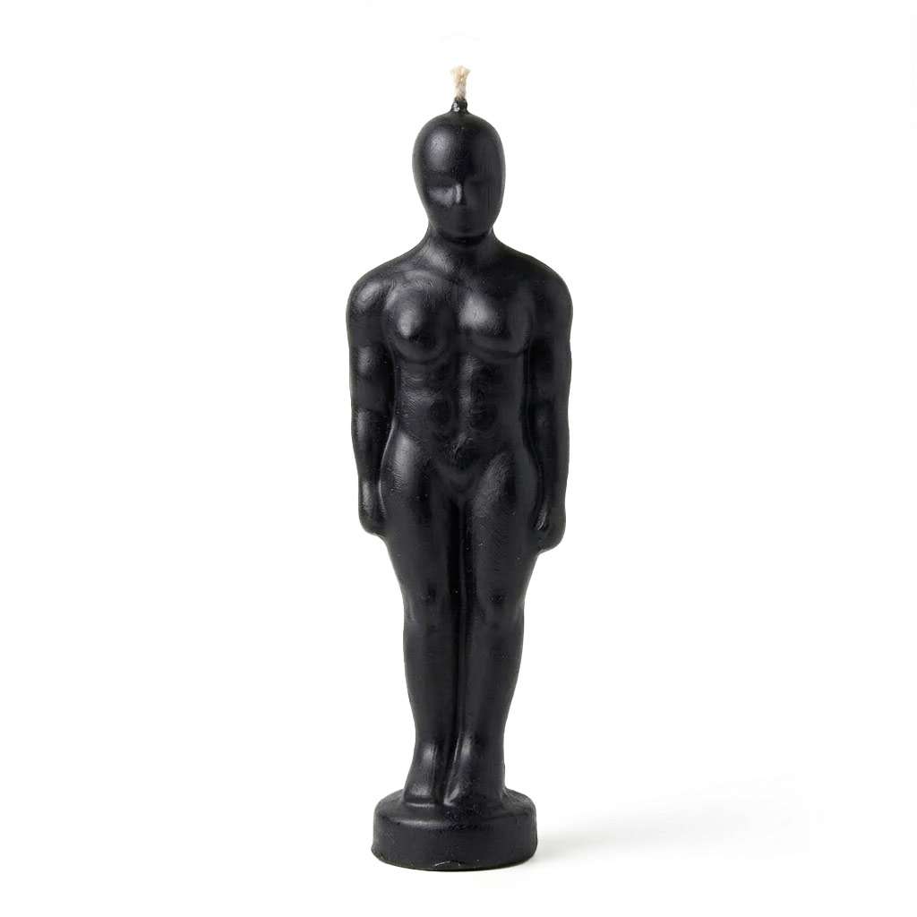 6 3/4-inch black male figure candle for ritual use — hoodoo figural candle for banishing, binding, and protection spell work.