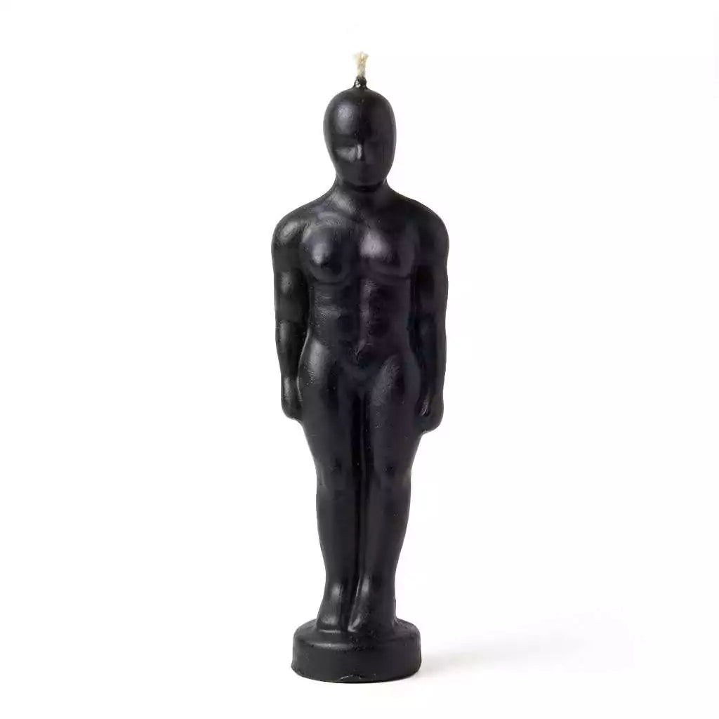 6 3/4-inch black male figure candle for ritual use — hoodoo figural candle for banishing, binding, and protection spell work.