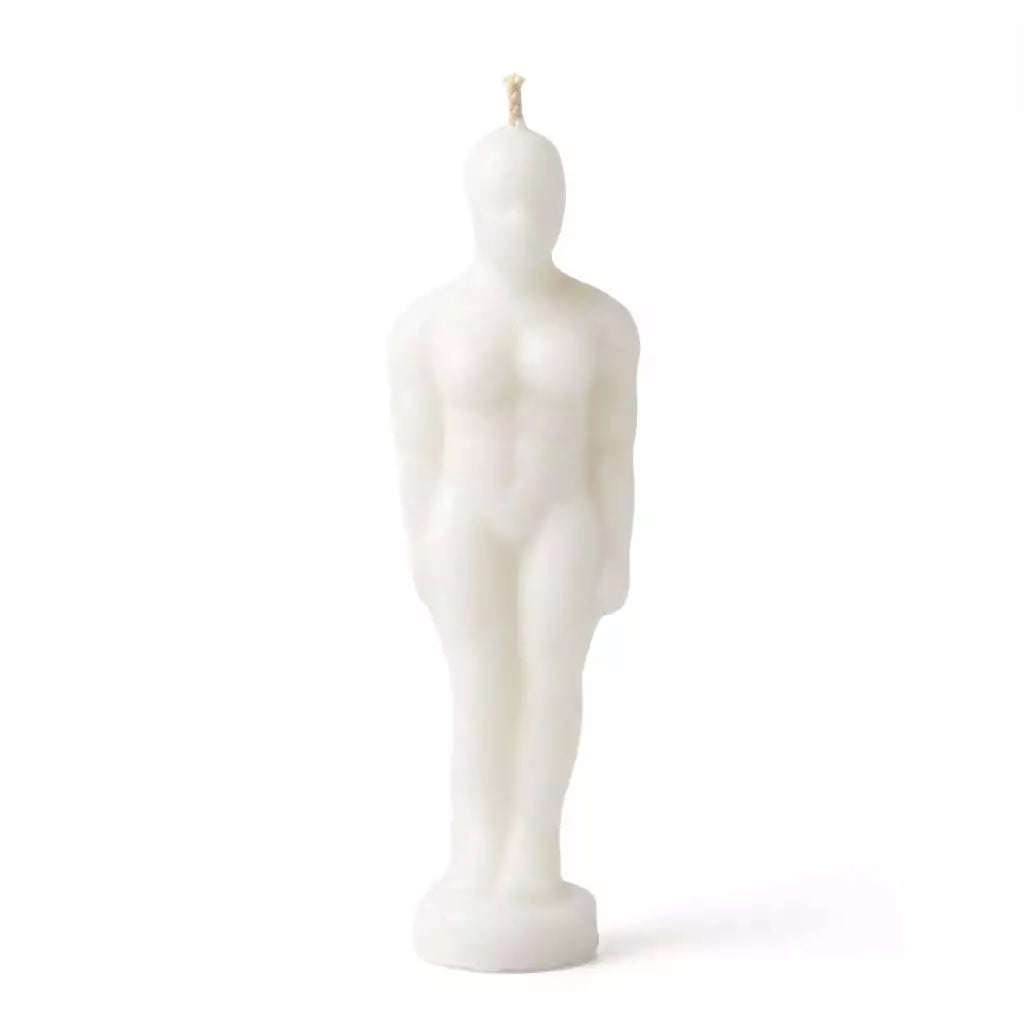 6 3/4-inch white male figure candle for ritual use — hoodoo and folk magic figural candle for purification and spiritual clarity spells.
