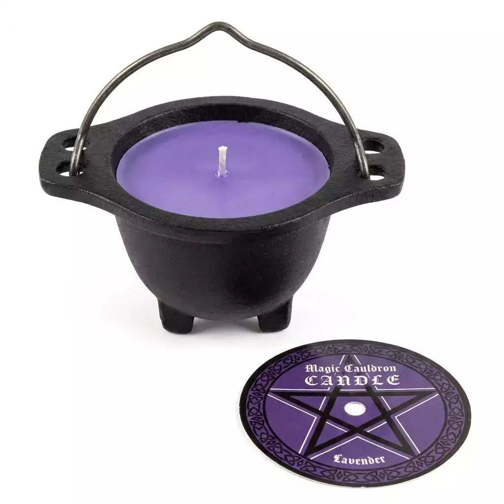 Small black cast iron cauldron holding a purple lavender-scented candle, with a circular pentagram label on the front.