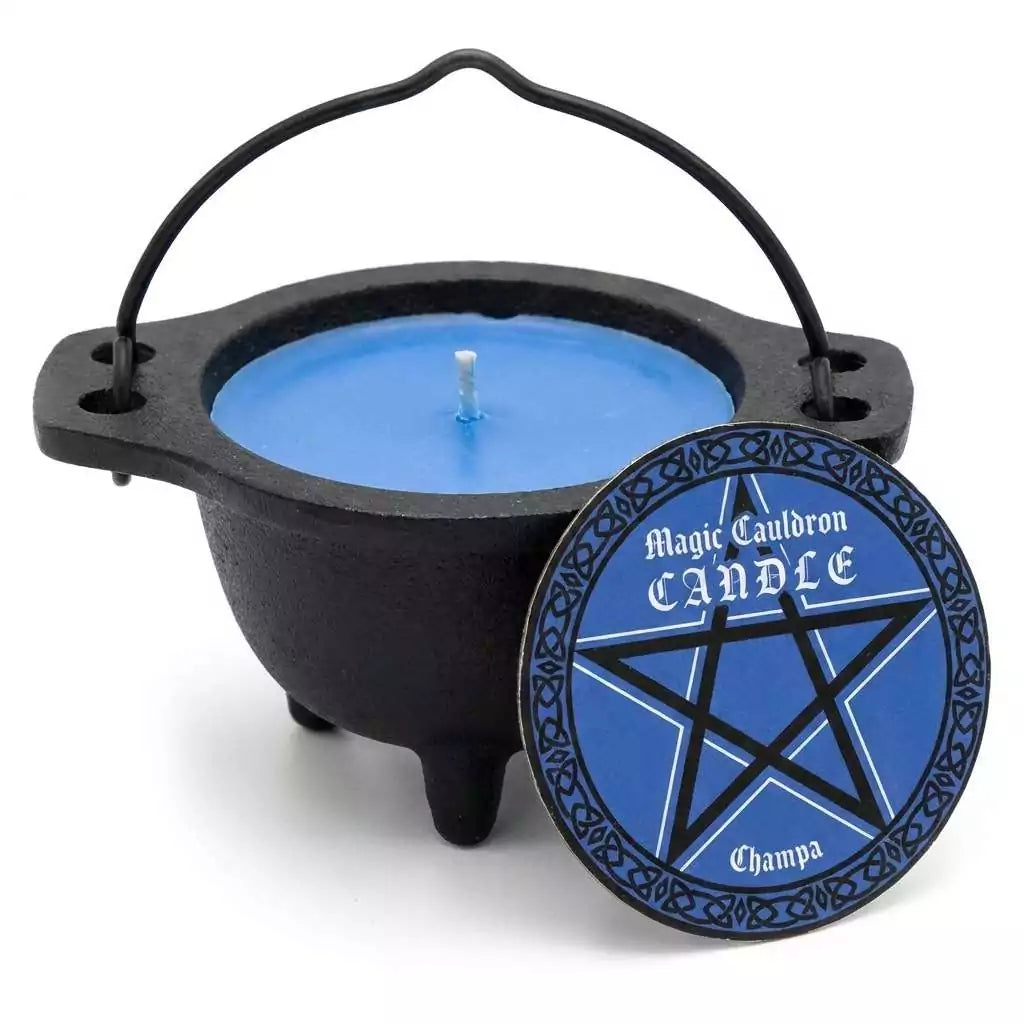 Small black cast iron cauldron filled with blue nag champa wax, pentagram label on the front, for ritual candle burning and meditation ambiance.