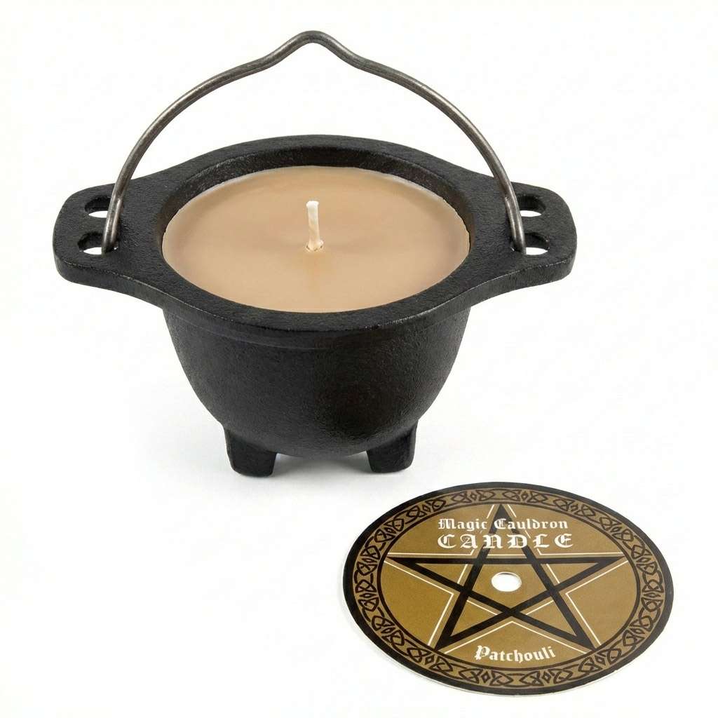 Small black cauldron-shaped ritual candle with beige wax interior accompanied by a round pentagram design label, patchouli scented for Wiccan altar use