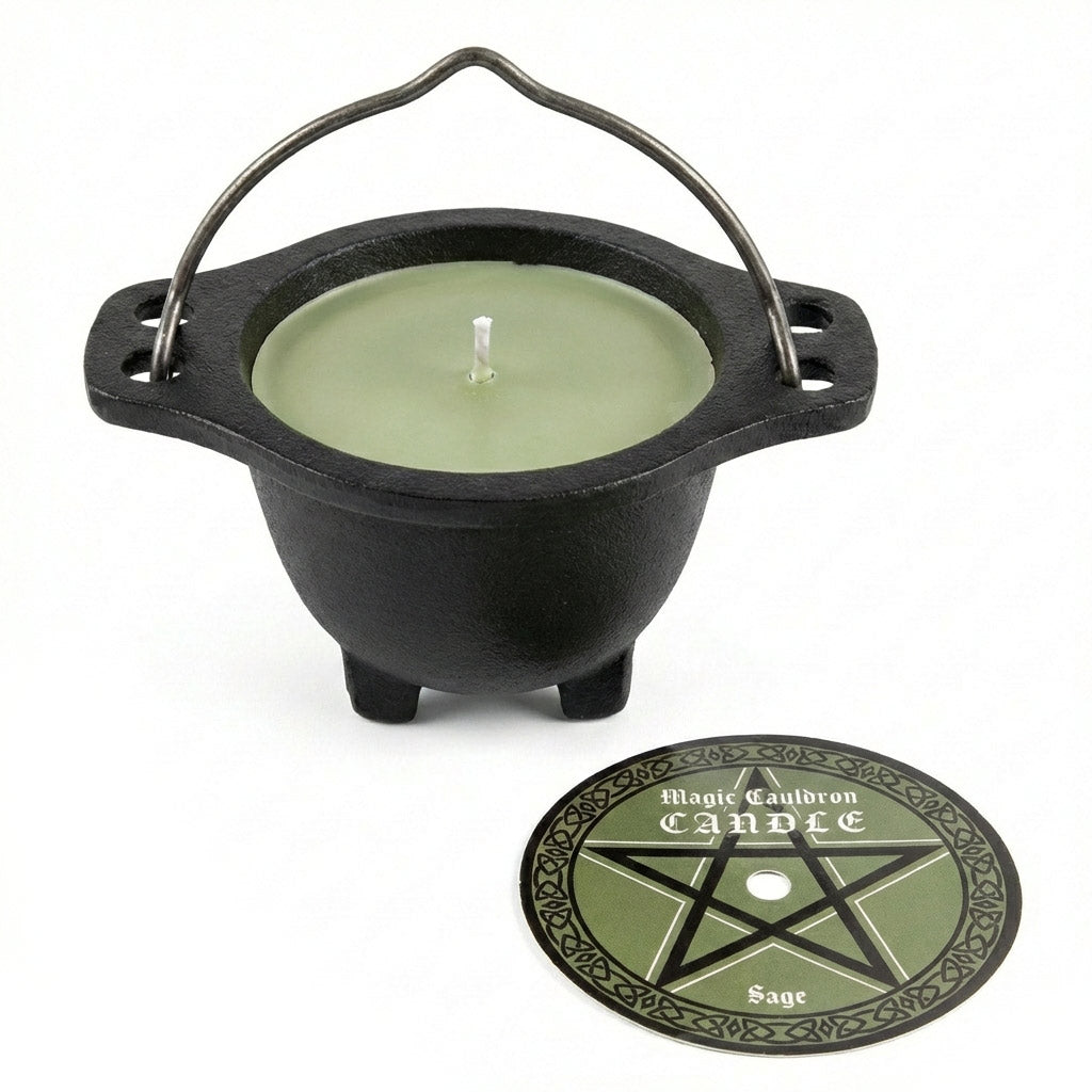 Sage candle in cauldron