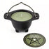 Small black cast iron cauldron containing a green sage-scented wax candle for altar cleansing and ritual decoration