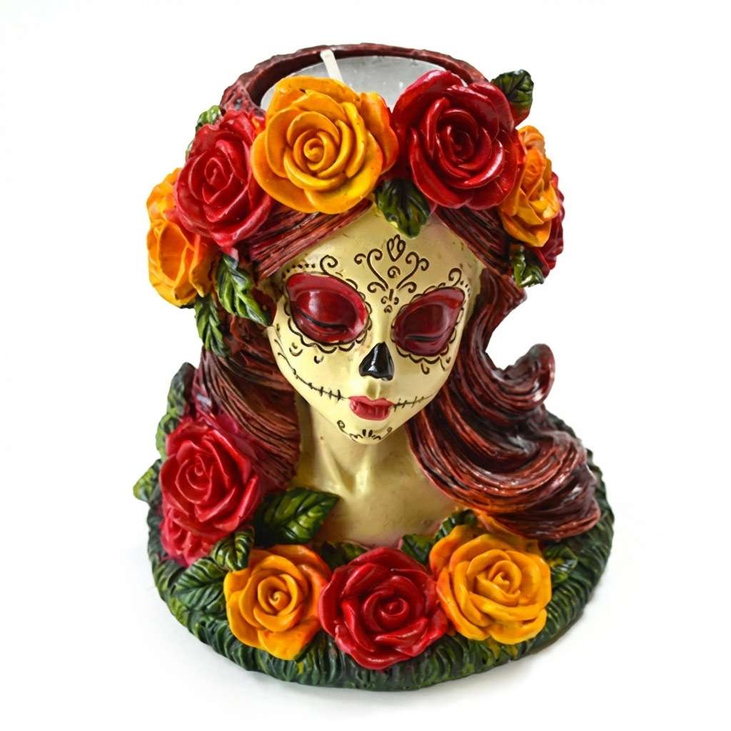 Day of the Dead decorative skull tealight candle holder adorned with colorful painted roses and serene La Catrina expression
