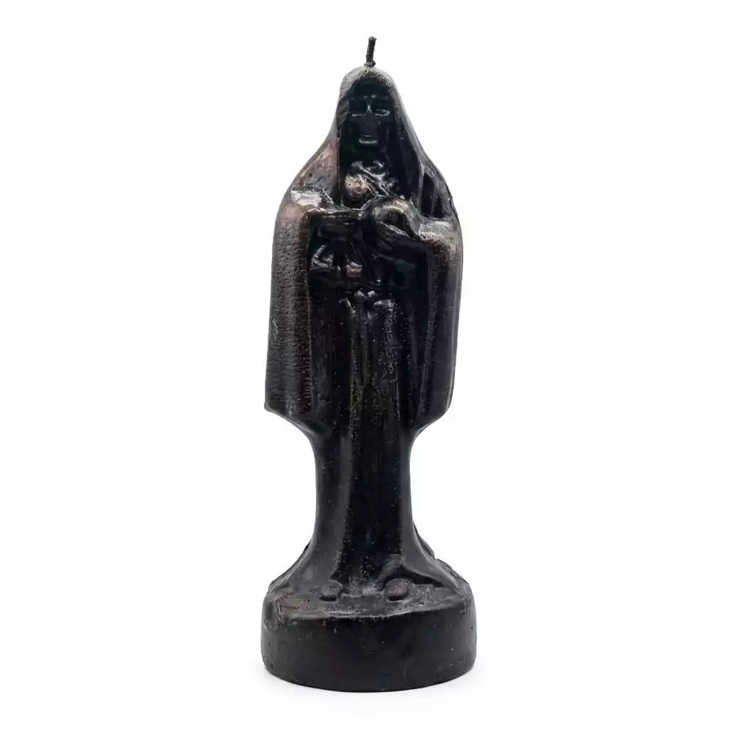 Tall 10-inch black wax figure candle depicting Santa Muerte the Holy Death folk saint in a cloaked form for devotional protection ritual use