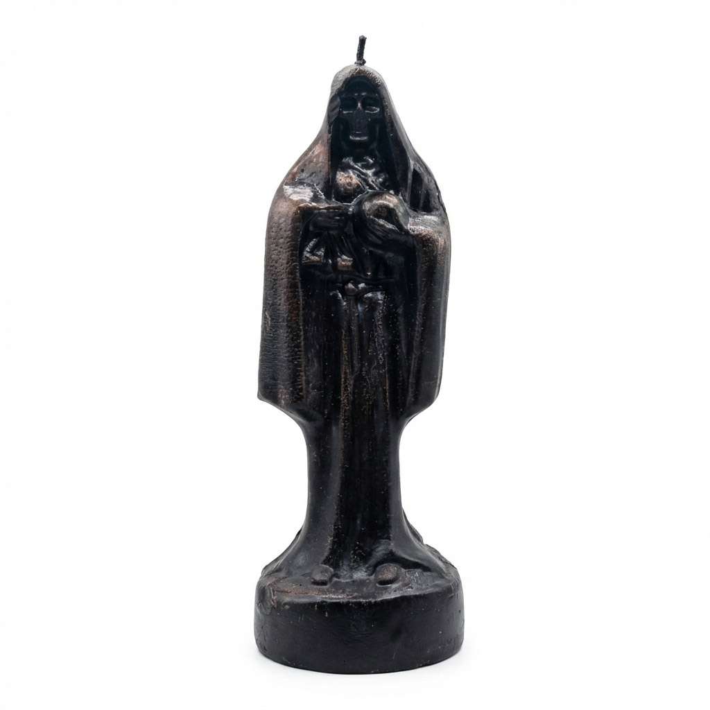 Tall 10-inch black wax figure candle depicting Santa Muerte the Holy Death folk saint in a cloaked form for devotional protection ritual use
