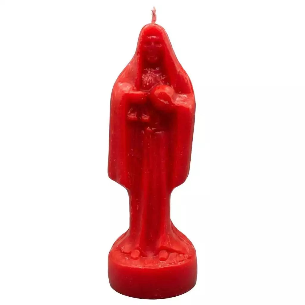 10-inch red Santa Muerte figural Holy Death candle for devotional altar work — used for love, passion, and romantic attraction petitions.
