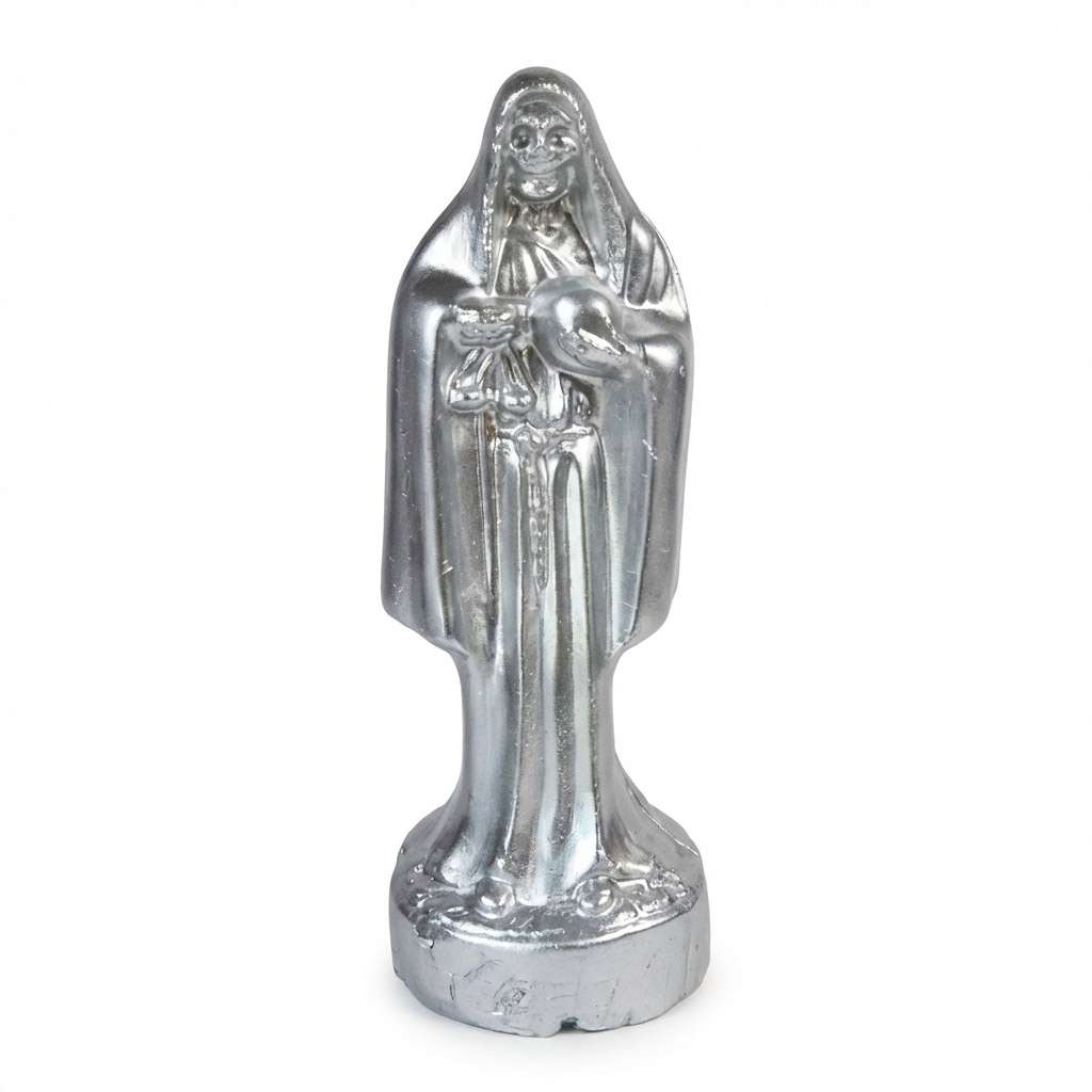 10-inch Santa Muerte silver Holy Death figure candle for justice, money, and fast-acting blessing rituals in Santa Muerte devotional folk magic tradition.