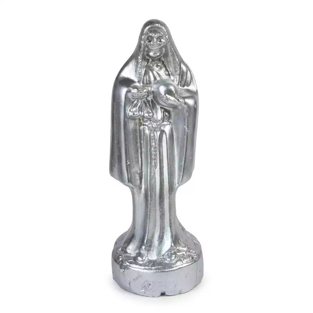 10-inch Santa Muerte silver Holy Death figure candle for justice, money, and fast-acting blessing rituals in Santa Muerte devotional folk magic tradition.