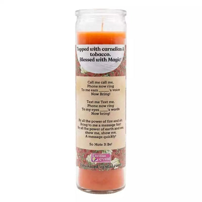 Tall orange ritual candle with prayer label indicating carnelian and tobacco contents — intent-focused candle for drawing communication and positive energy.