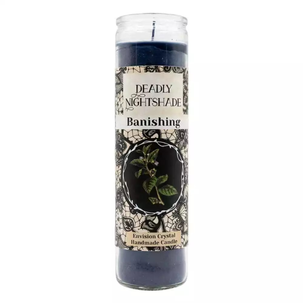 Dark blue Deadly Nightshade banishing jar candle by Envision Crystals with botanical illustration label — aromatic 7-day ritual candle for banishing negative energy.
