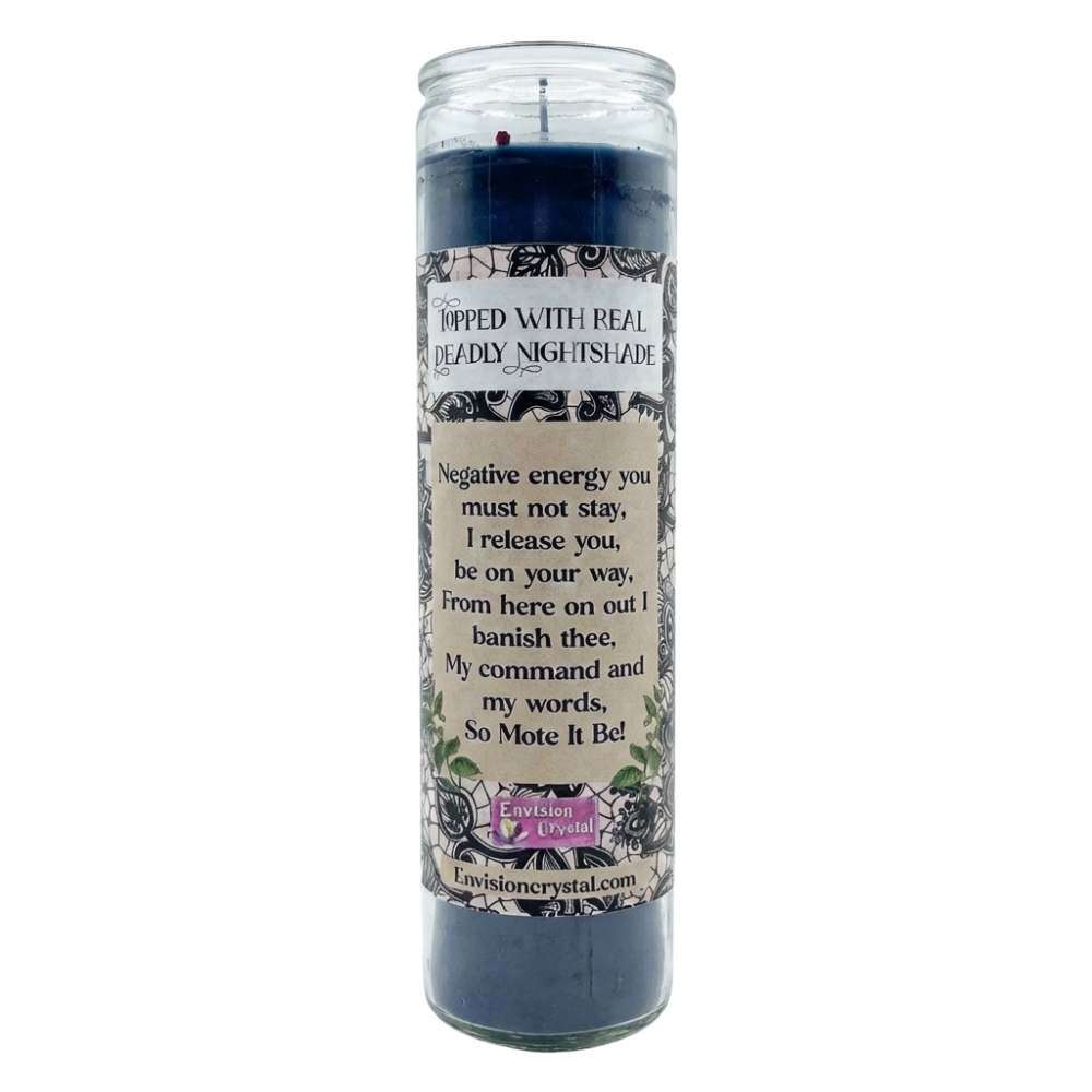 Reverse label of Deadly Nightshade banishing candle featuring a binding and releasing spell affirmation — Envision Crystal dark ritual candle for shadow and banishing work.
