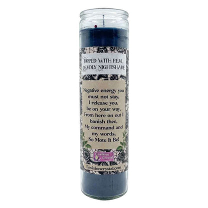 Reverse label of Deadly Nightshade banishing candle featuring a binding and releasing spell affirmation — Envision Crystal dark ritual candle for shadow and banishing work.
