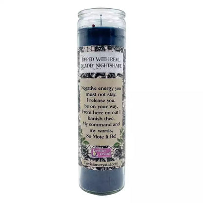 Reverse label of Deadly Nightshade banishing candle featuring a binding and releasing spell affirmation — Envision Crystal dark ritual candle for shadow and banishing work.